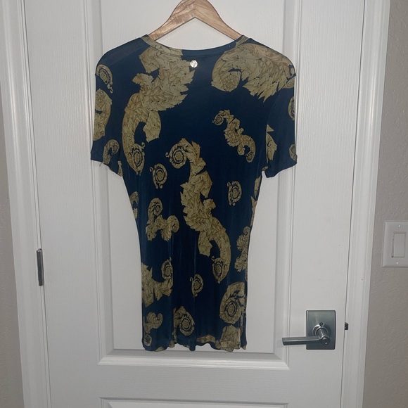 Versace Jeans Couture Navy Blue Gold Chromo Couture T-Shirt Semi Sheer Long Sm - Picture 10 of 11